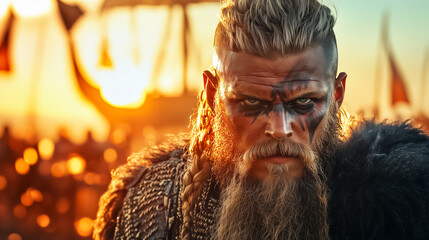 Viking warrior looking at camera with fierce expression. Setting features warm sunset and ships in background. Concept of history, adventure, storytelling