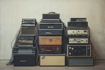 Obraz premium Vintage Amplifiers and Audio Equipment Stacked with Colorful Cables in a Studio Setting