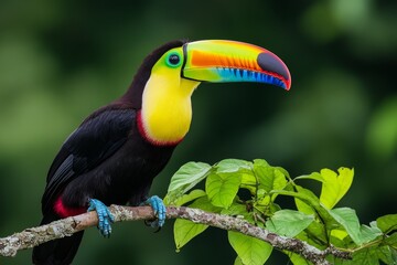 A tropical toucan with a massive colorful beak, sitting in the middle of a lush rainforest