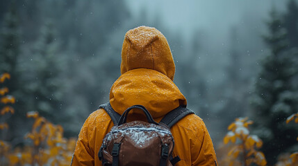 A person in a yellow jacket and brown backpack, surrounded by a snowy forest during winter.