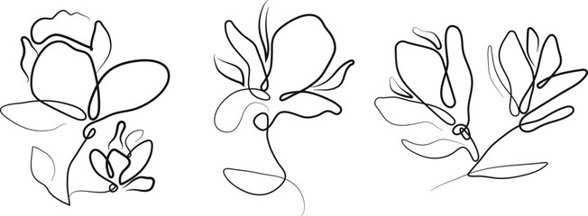 set of simple icons of various magnolia flower buds in line art style drawn with a black outline, for tattoos, logos or other designs © Ольга Бабич