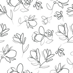 black and white seamless pattern with various branches with magnolia blossoms in line art style © Ольга Бабич