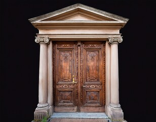 Obraz premium vintage weathered wooden door with peeling paint and ornate architectural columns isolated on black background