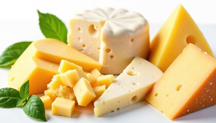 Variety of Italian cheeses on white background, still life, mozzarella