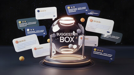 Customer Feedback: A digital suggestion box with floating comments and reviews, symbolizing the importance of customer feedback in business.	