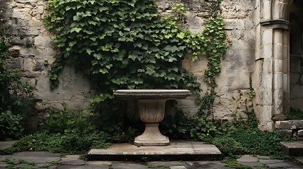 A podium in a rustic outdoor courtyard, with ivy growing along stone walls