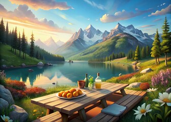 Serene Mountain Lake Picnic: Breathtaking Alpine Scenery & Gourmet Food