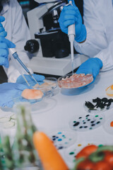 Team Asian scientists in a lab conducting food research using a microscope and lab equipment,...