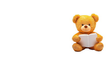 Cute teddy bear reading book on a white background in studio setting