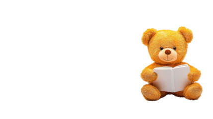 Cute teddy bear reading book on a white background in studio setting
