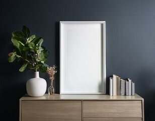 white mockup frame on cabinet in living room interior with empty dark wall background