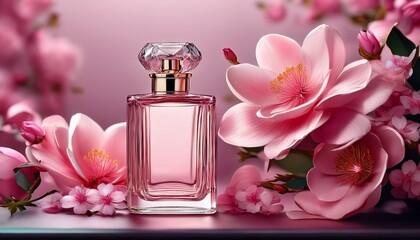 perfume bottle with pink floral background