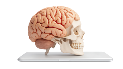 Anatomical Model of Human Brain and Skull on White Background