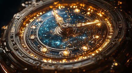 Fantasy inspired astronomical clock glowing sparks high resolution background