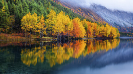 Obraz premium tranquil lake reflects vibrant autumn foliage, showcasing stunning array of orange, yellow, and green trees along shore