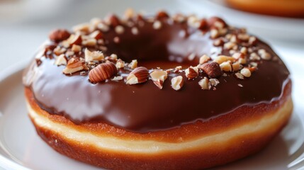 Delicious Chocolate Glazed Donut with Crunchy Nut Topping on White Plate