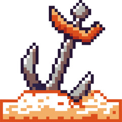 Fototapeta premium pixel art anchor on sandy beach retro gaming graphic, nautical theme with 8 bit design.