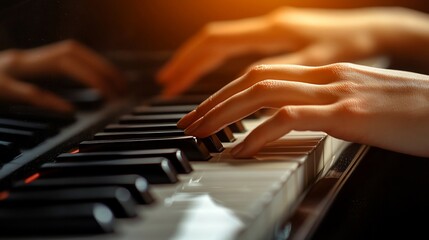 Obraz premium Hands playing piano keys, concert hall, spotlight