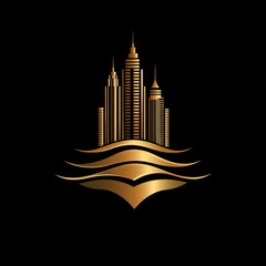 Luxurious skyline with golden buildings over stylized waves, showcasing elegance in modern architecture at night