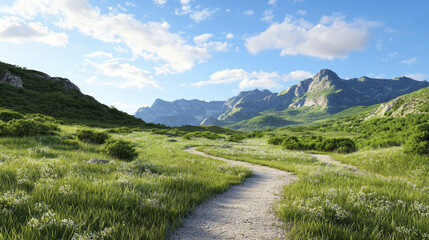 serene landscape featuring winding path through lush green grass, surrounded by majestic mountains and clear blue sky, evokes sense of tranquility