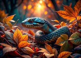 Obraz premium Serpentine Shadow: A Snake Hidden Amongst Autumn Woods Leaves