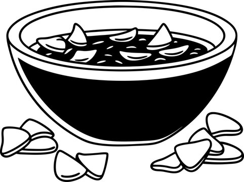 recommend clip art: black and white salsa bowl with tortilla chips mexican snack, party food illustration.