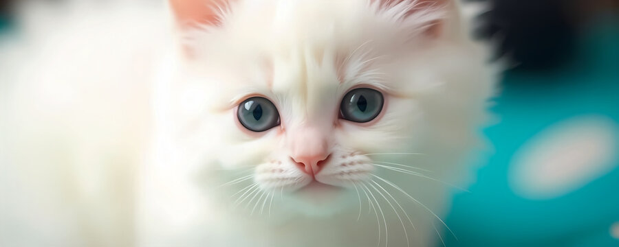 immagine in primo piano di testa di piccolo gattino dal pelo bianco e soffice