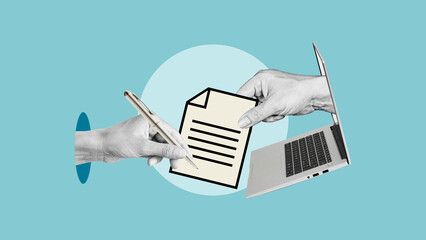 Electronic signature, online agreement and digital signature are shown by hand with a document and...