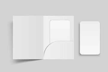 3D Single Pocket Folder, open Leaflet, bifold and business card mockup isolated on background. Blank folder paper template for presentation credit card, key Card, notecards, postcard, invitation
