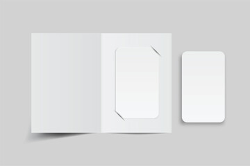 3D Single Pocket Folder, open Leaflet, bifold and business card mockup isolated on background. Blank folder paper template for presentation credit card, key Card, notecards, postcard, invitation

