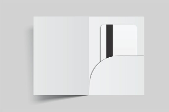 3D Realistic plastic hotel apartment keycard and pocket Folder, open leaflet, bifold mockup isolated on background. Blank template  for hotel key card, credit card, notecards, postcard, invitation
