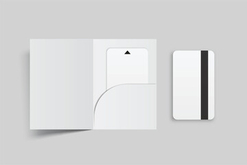 3D Realistic plastic hotel apartment keycard and pocket Folder, open leaflet, bifold mockup isolated on background. Blank template  for hotel key card, credit card, notecards, postcard, invitation
