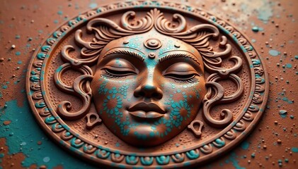 Intricate, repeating design etched onto a clay surface, resembling a face , form, ornament, motif