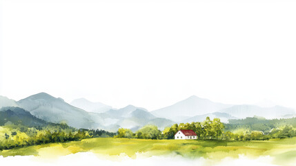 Fototapeta premium serene watercolor landscape featuring rolling hills, small white house with red roof, and lush greenery under clear sky