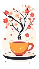 A whimsical illustration featuring an orange tea cup with blooming flowers growing from its center, blending nature and beverage in harmony.