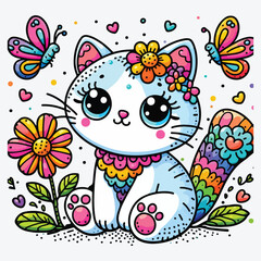 Cute cartoon cat with butterflies and a flower. stock illustration