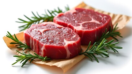 Fototapeta premium Beautifully arranged raw ribeye steaks on parchment paper surrounded by fresh rosemary