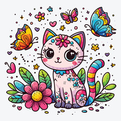 Cute cartoon cat with butterflies and a flower. stock illustration