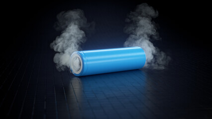 Lithium-ion 21700 cell is about to burn - smoke comes inside out from both sides. 3D Render