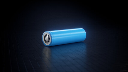 Lithium-ion 21700 cell laying on the dark floor. 3D Render