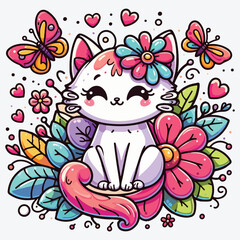 Cute cartoon cat with butterflies and a flower. stock illustration