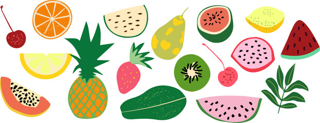 Vector summer cute exotic tropical fruits in flat design.Healthy sweet food. 
