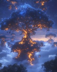 Fantasy world glowing cosmic trees high resolution picture