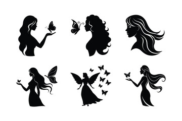 Black and white silhouette illustrations of women and butterflies