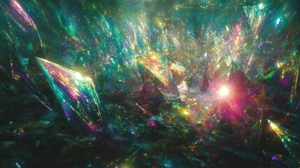 Luminous holographic shards shimmering in an abstract landscape, a dreamy atmosphere