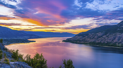 Breathtaking sunset over tranquil lake, with vibrant colors reflecting on water and mountains in background, creating serene atmosphere