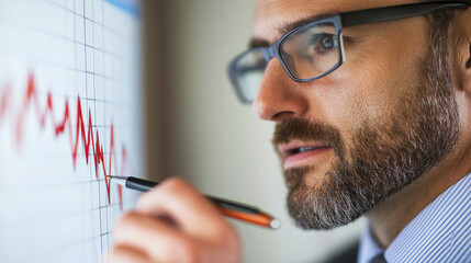 focused business analyst examines financial graph, analyzing trends and data with pen in hand, showcasing professionalism and dedication