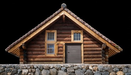 Obraz premium rustic wooden cabin with stone foundation and tiled roof against a black background showcasing traditional construction and earthy tones