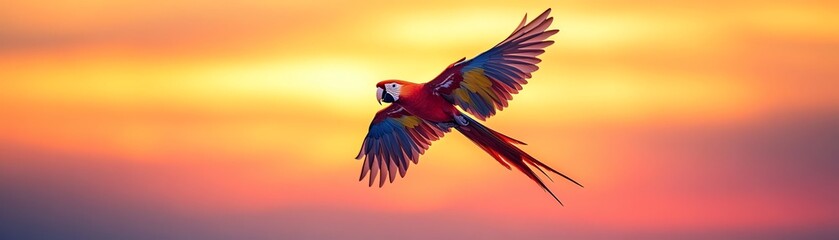 Fototapeta premium A parrot flying freely against a sunset sky
