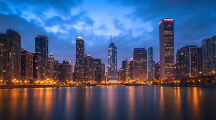 Fototapeta premium Chicago Skyline Twilight Panorama: Stunning Cityscape Reflection